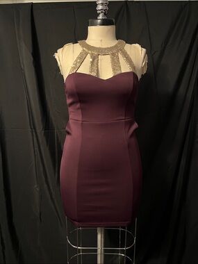 Elegant Plum Bodycon Dress with Sequin Illusion Neckline